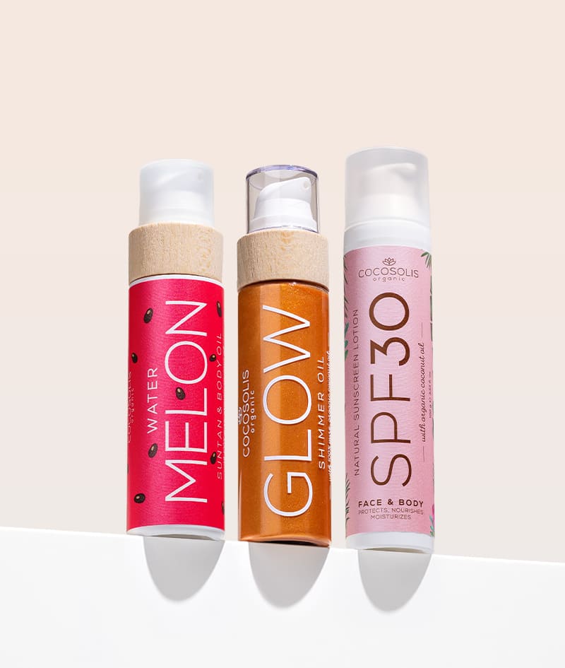 TASTY TAN: Top trio para a praia! O SPF protege a pele quando exposta ao sol, o WATERMELON acelera o acúmulo do bronzeado, enquanto o GLOW proporciona um brilho lindo e hidrata.