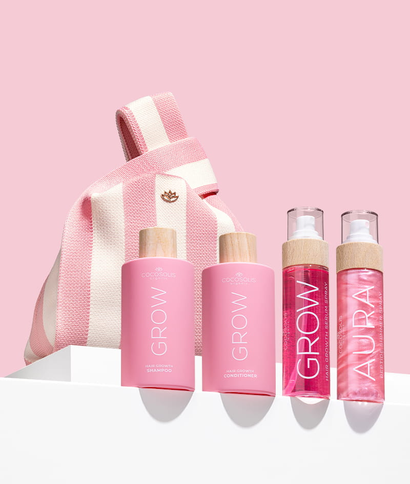 TOTAL HAIR GLOW UP + GIFT: Шампоан и балсам GROW с клинично доказаната съставка KERASCALP™ и серум спрей GROW с клинично доказаната съставка Hair Stimulation Complex™ постигат по-силна и гъста коса, която расте. AURA PINK хидратира и озарява с неустоим розов блясък от глава до пети. Gelato Bag е подарък от нас: вземи я, преди да се стопи.
