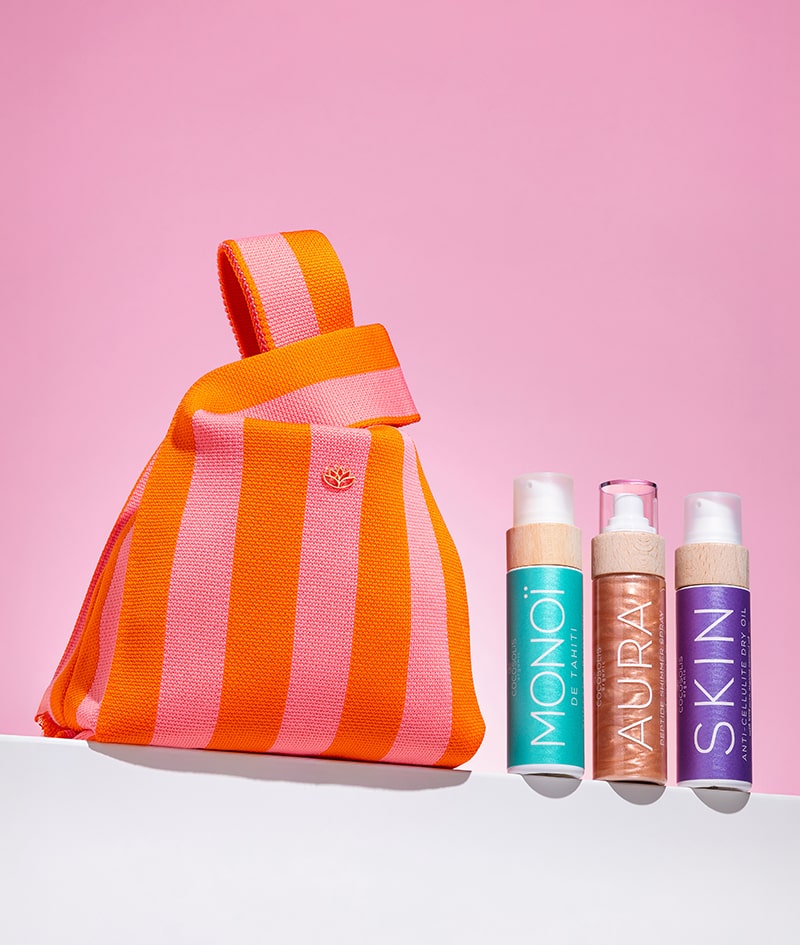 TROPICAL SKIN + GIFT BAG: SKIN Anti-cellulite raffermit et lisse. MONOI accélère le bronzage et nourrit. AURA hydrate, rafraîchit et illumine la peau de la tête aux pieds. COCOSOLIS Mini Bag est un cadeau en édition limitée de notre part : un mini sac pour les grands moments de l'été.