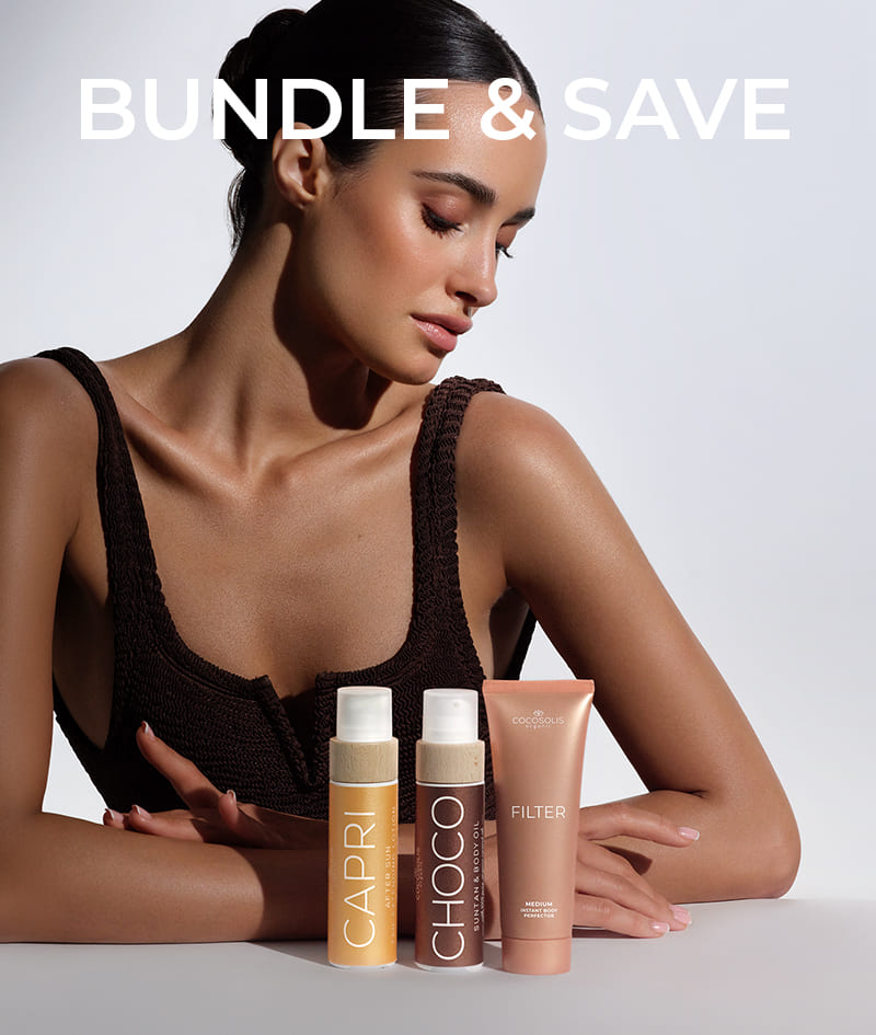 VACATION TRIO + GIFT: El trío que querrás en tu maleta este verano. El aceite bronceador CHOCO acelera el desarrollo de un bronceado natural y deja un irresistible aroma a chocolate. CAPRI calma la piel después de la exposición al sol y prolonga tu bronceado hasta 3 meses después de tu último día de playa. La crema corporal FILTER en un tono medio unifica al instante el tono de la piel, suaviza pequeñas imperfecciones y aporta un brillo sutil y un bronceado bronceado dorado. Gelato Bag es nuestro regalo para ti: hazte con ella antes de que se derrita.