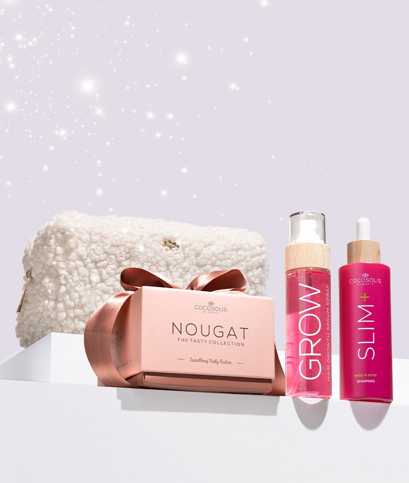 XMAS GLOW + GIFT: Crăciunul acesta, strălucește din cap până în picioare. Spray-ul cu ser GROW îți încarcă părul cu vitamine și stimulează creșterea. Serul de corp SLIM+ reduce circumferința taliei, strânge și modelează abdomenul și brațele. Mousse-ul iluminator luxos NOUGAT oferă pielii tale o strălucire elegantă, aurie-roz.