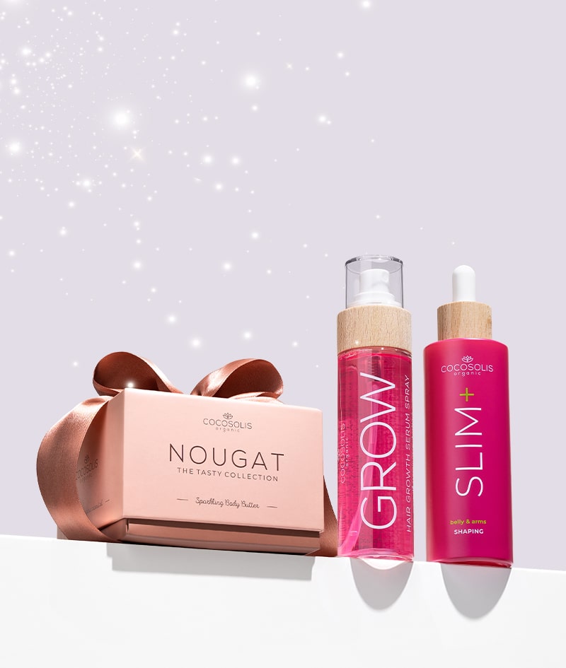 XMAS GLOW: Strahlend schön von Kopf bis Fuß zu Weihnachten! Das GROW Serum-Spray versorgt Dein Haar mit Vitaminen und fördert das Wachstum. Das SLIM+ Körperserum reduziert den Umfang, strafft und formt Bauch und Arme. Das luxuriöse NOUGAT verleiht Deiner Haut eleganten Roségold-Schimmer.