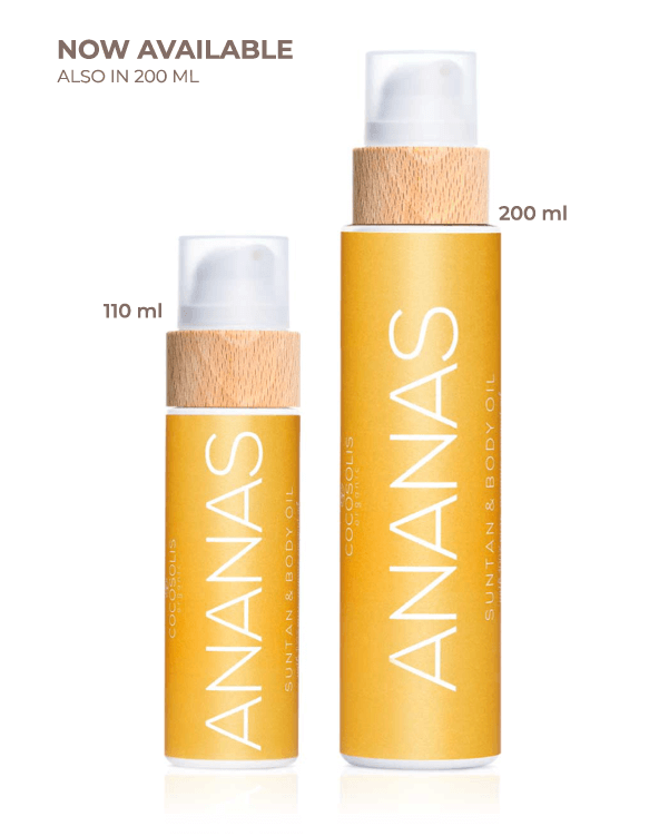 ANANAS Suntan & Body Oil: Huile bio pour un bronzage rapide et intense et une peau hydratée et radieuse. A l’arôme d’ananas juteux et de vanille savoureuse