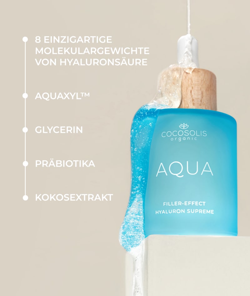 AQUA Filler-Effect Hyaluron Supreme: Gesichtsserum mit Filler-Effekt mit 8 Arten Hyaluronsäure und Aquaxyl™. Ultra Hydration, verjüngt und balanciert die Haut.