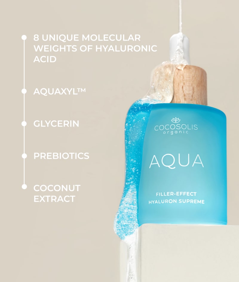 AQUA Filler-Effect Hyaluron Supreme: Filler-effect face serum with 8 types of hyaluronic acid and Aquaxyl™. Ultra hydrates, rejuvenates and balances skin.