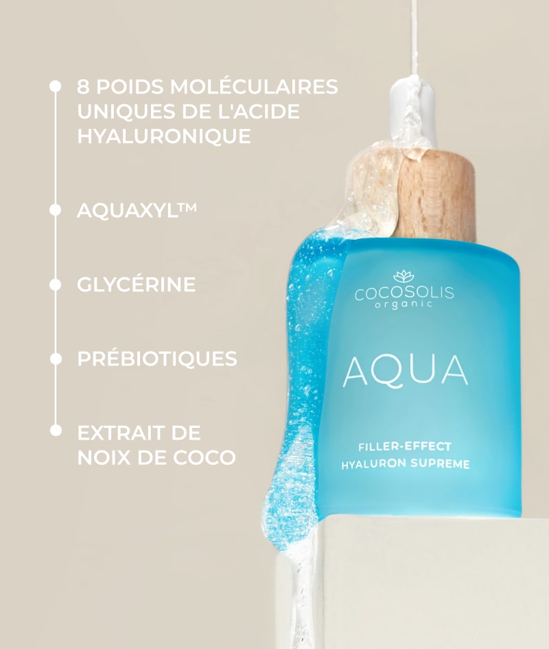 AQUA Filler-Effect Hyaluron Supreme: Sérum visage à effet filler avec 8 types d'acide hyaluronique et l'actif Aquaxyl™. Assure une hydratation ultime, rajeunit et équilibre la peau.