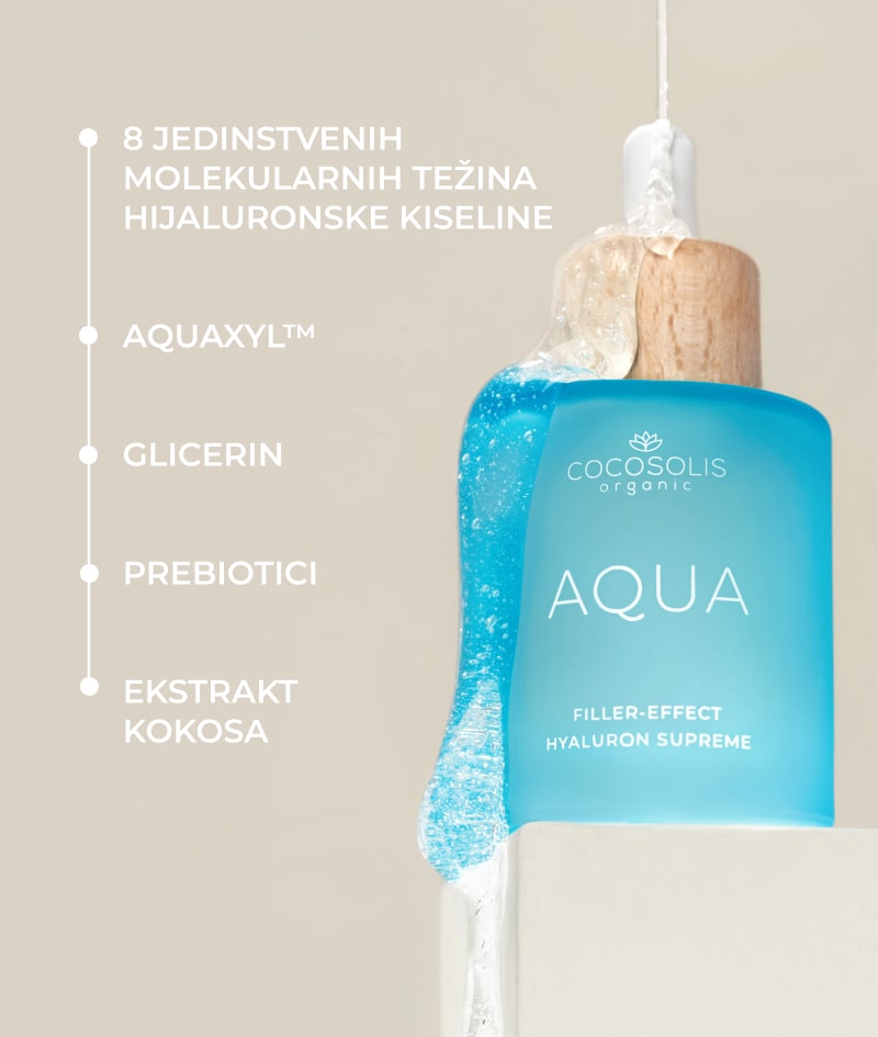 AQUA Filler-Effect Hyaluron Supreme: Serum za lice s učinkom filera s 8 vrsta hijaluronske kiseline i Aquaxyl™. Ultra hidratizira, pomlađuje i  balansira kožu.