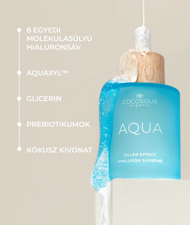 AQUA Filler-Effect Hyaluron Supreme: Töltő hatású arcszérum 8 féle hialuronsavval és Aquaxyl™-el. Mélyen hidratálja, megfiatalítja és kiegyensúlyozza a bőrt.