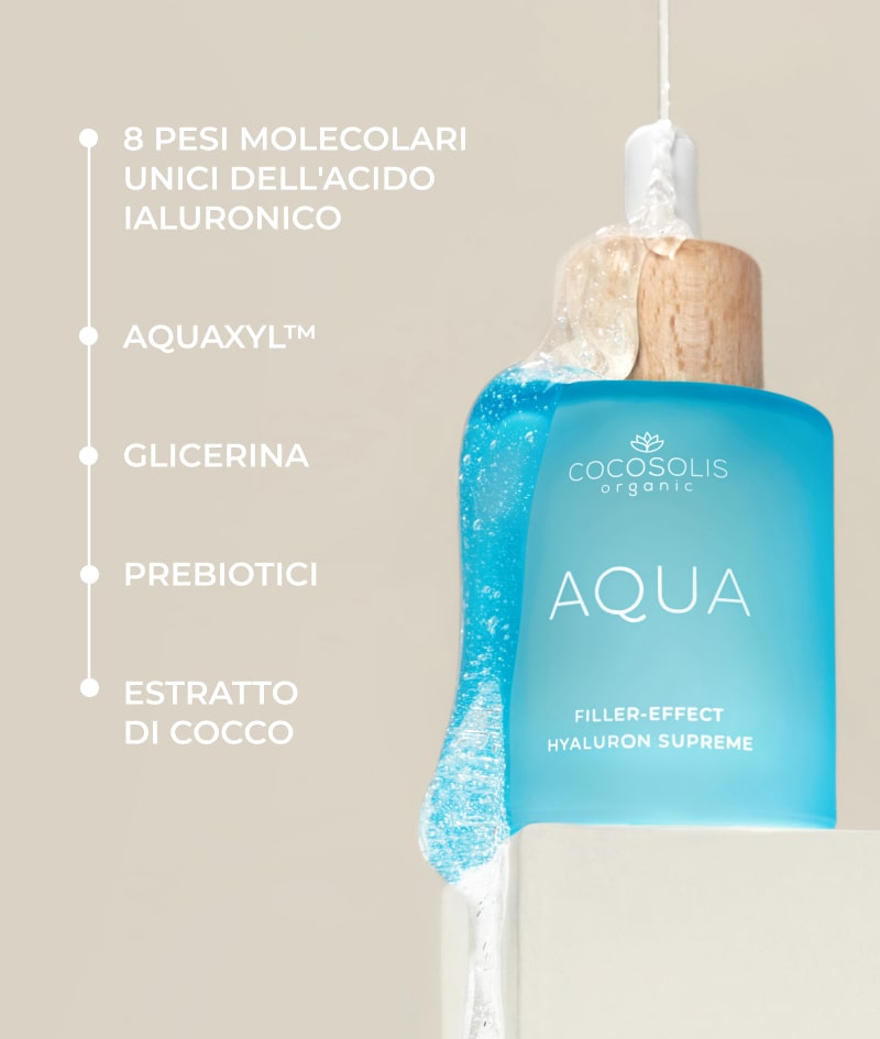 AQUA Filler-Effect Hyaluron Supreme: Siero viso ad effetto filler con 8 tipi di acido ialuronico e Aquaxyl™. Ultra idrata, ringiovanisce e riequilibra la pelle.