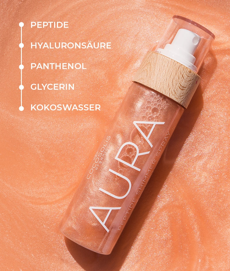 AURA Peptide Shimmer Spray: Natürliches Schimmer-Spray mit Peptiden für Gesicht, Körper und Haare. Lässt die Haut strahlen, hydratisiert, verjüngt.