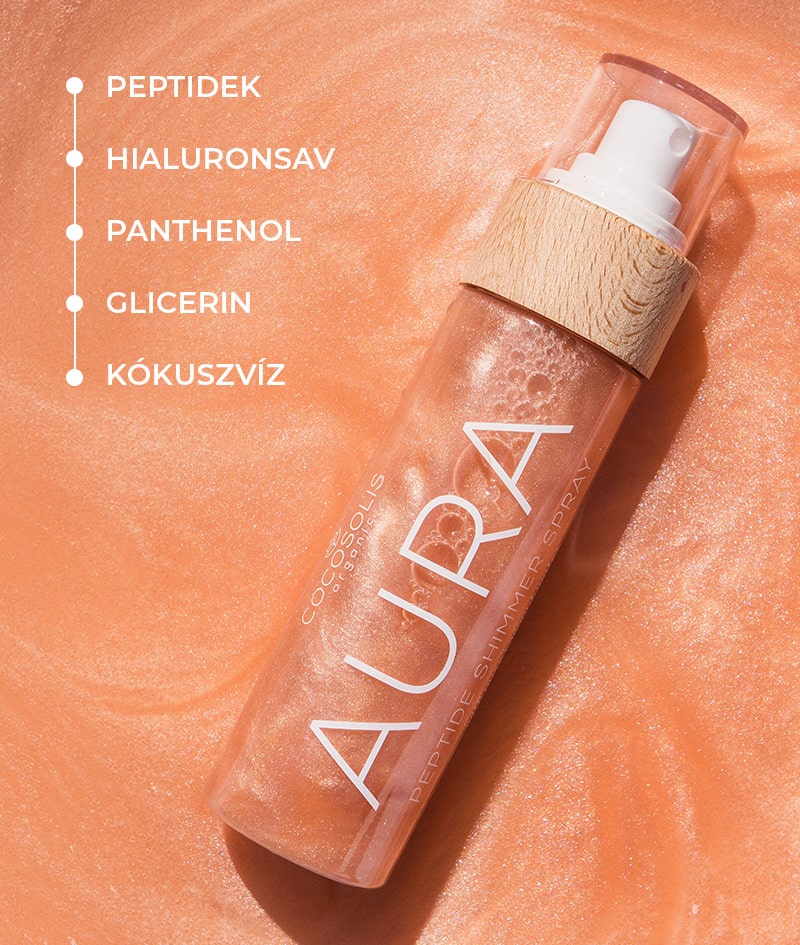 AURA Peptide Shimmer Spray: Természetes ragyogó spray peptidekkel arcra, testre és hajra. Gyengéden fénylik, hidratál és fiatalít.