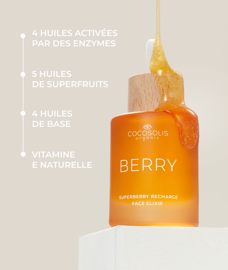 BERRY Superberry Recharge Face Elixir: Élixir visage super nourrissant et revitalisant. Avec un puissant mélange d’huiles bio activées par des enzymes.