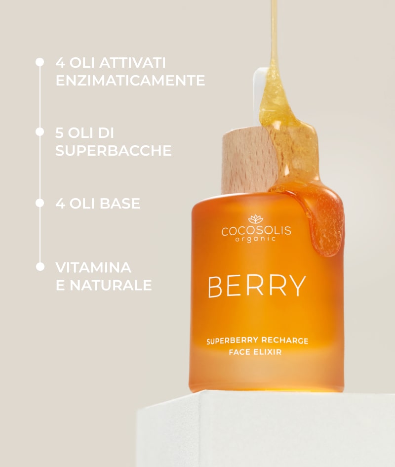 BERRY Superberry Recharge Face Elixir: Elisir viso super nutriente e rivitalizzante. Con un potente mix di oli biologici e oli attivati enzimaticamente.