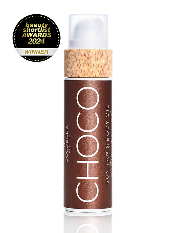 CHOCO Suntan & Body Oil: Huile biologique pour un bronzage couleur chocolat et une peau hydratée et radieuse au quotidien.