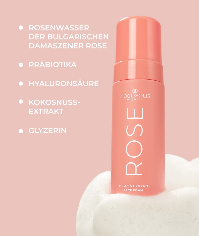 ROSE Clean & Hydrate Face Foam: Feuchtigkeitsspendender Schaum für die Gesichtsreinigung mit ausgleichender Wirkung. Mit Rosenwasser der bulgarischen Damaszener Rose und Hyaluronsäure.