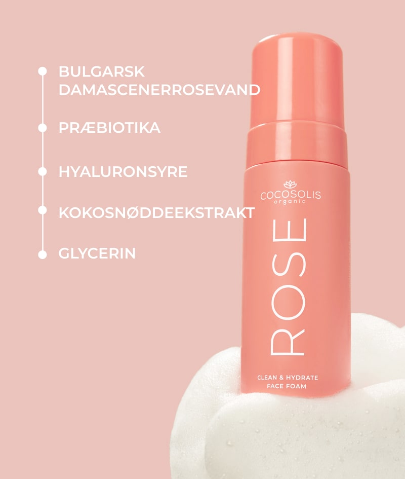 ROSE Clean & Hydrate Face Foam: Rensende, fugtgivende og balancerende ansigtsskum. Med bulgarsk Rosa Damascena vand og hyaluronsyre.