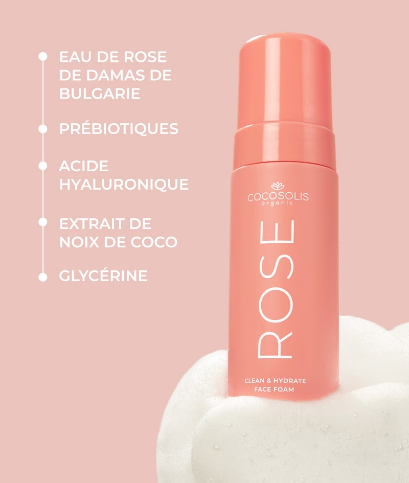 ROSE Clean & Hydrate Face Foam: Mousse pour le visage nettoyante, hydratante et équilibrante. À l'eau de Rose de Damas de Bulgarie et à l'acide hyaluronique.