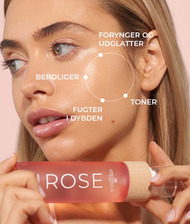 ROSE Soothing Spray Toner: Beroligende ansigtstoner med damascenerrose, kaktus og kokosnød. Toner, rehydrerer, blødgør og opfrisker huden.