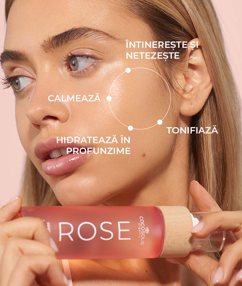 ROSE Soothing Spray Toner: Tonic facial calmant cu Rosa Damascena, cactus și cocos. Tonifică, rehidratează, înmoaie și împrospătează pielea.