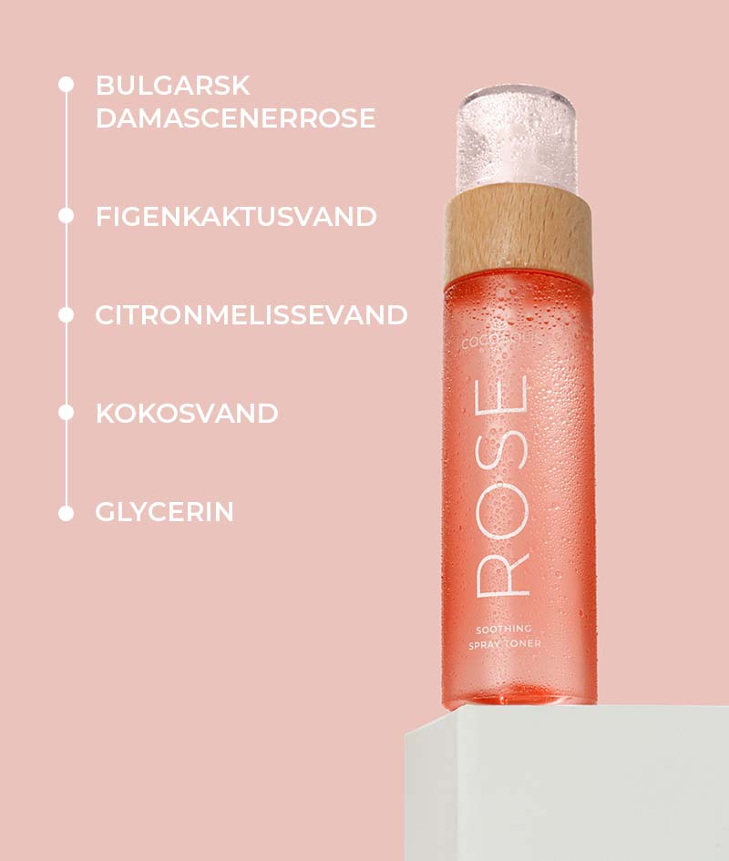 ROSE Soothing Spray Toner: Beroligende ansigtstoner med damascenerrose, kaktus og kokosnød. Toner, rehydrerer, blødgør og opfrisker huden.