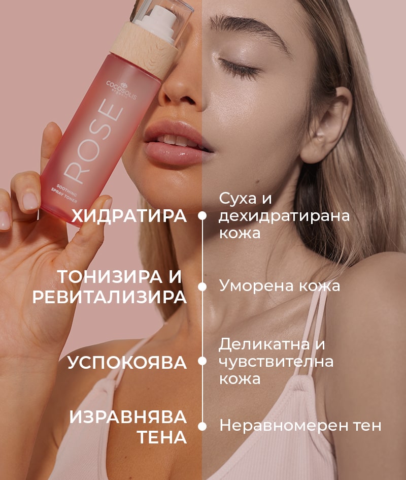 ROSE Soothing Spray Toner: Успокояващ тонер за лице с Роза Дамасцена, кактус и кокос. Тонизира, рехидратира, омекотява и освежава кожата.