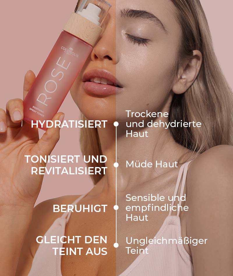 ROSE Soothing Spray Toner: Beruhigender Toner für das Gesicht mit Rosa Damascena, Kaktus und Kokos. Strafft, rehydriert, tonisiert und pflegt die Haut weich.