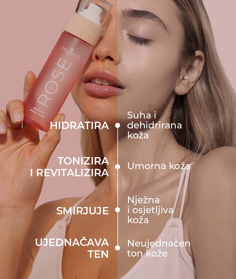 ROSE Soothing Spray Toner: Umirujući toner za lice s Ružom (Rosa Damascena), kaktusom i kokosom. Tonizira, rehidrira, omekšava i osvježava kožu.