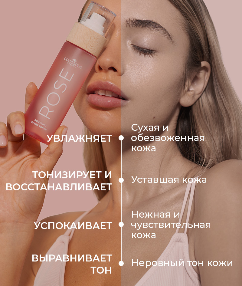 ROSE Soothing Spray Toner: Успокаивающий тонер для лица с розой Дамасской, кактусом и кокосом. Тонизирует, увлажняет, смягчает и освежает кожу.