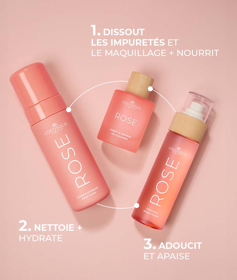 ROSE Soothing Spray Toner: Tonique apaisant pour le visage à base de Rosa Damascena, de cactus et de noix de coco. Tonifie, réhydrate, adoucit et rafraîchit la peau.