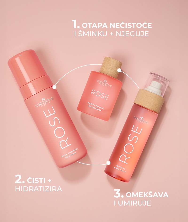 ROSE Soothing Spray Toner: Umirujući toner za lice s Ružom (Rosa Damascena), kaktusom i kokosom. Tonizira, rehidrira, omekšava i osvježava kožu.