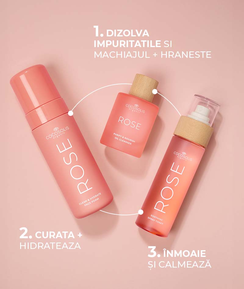 ROSE Soothing Spray Toner: Tonic facial calmant cu Rosa Damascena, cactus și cocos. Tonifică, rehidratează, înmoaie și împrospătează pielea.