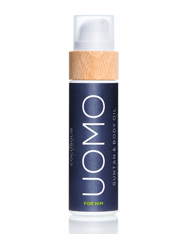 UOMO Suntan & Body Oil: Huile bio pour homme. Pour un bronzage rapide et une peau hydratée et nourrie. A l’arôme captivant BLACK COCONUT