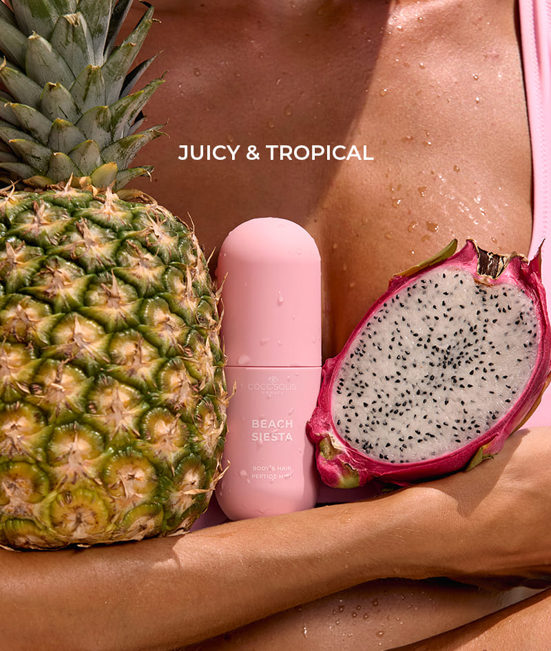 BEACH SIESTA Body & Hair Peptide Mist: Hydrating peptide mist for body and hair. Feels like juicy peach and coconut water in the afternoon heat.