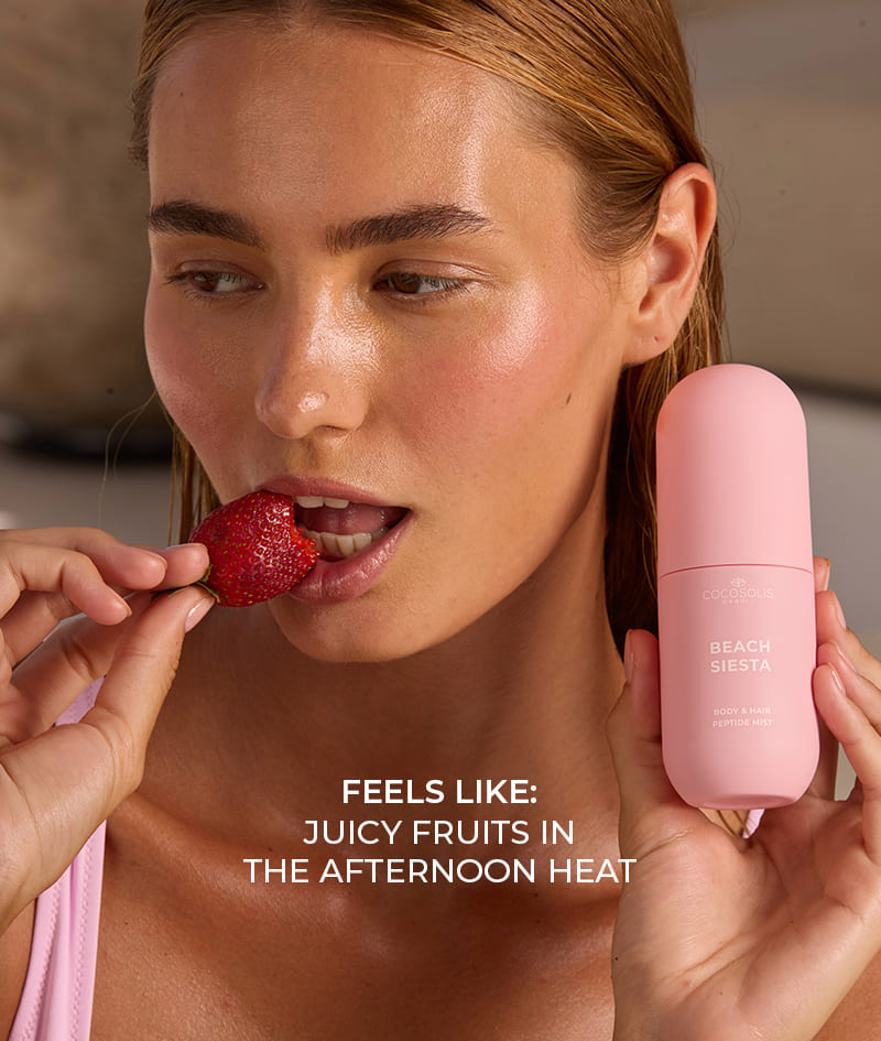 BEACH SIESTA Body & Hair Peptide Mist: Hydrating peptide mist for body and hair. Feels like juicy peach and coconut water in the afternoon heat.
