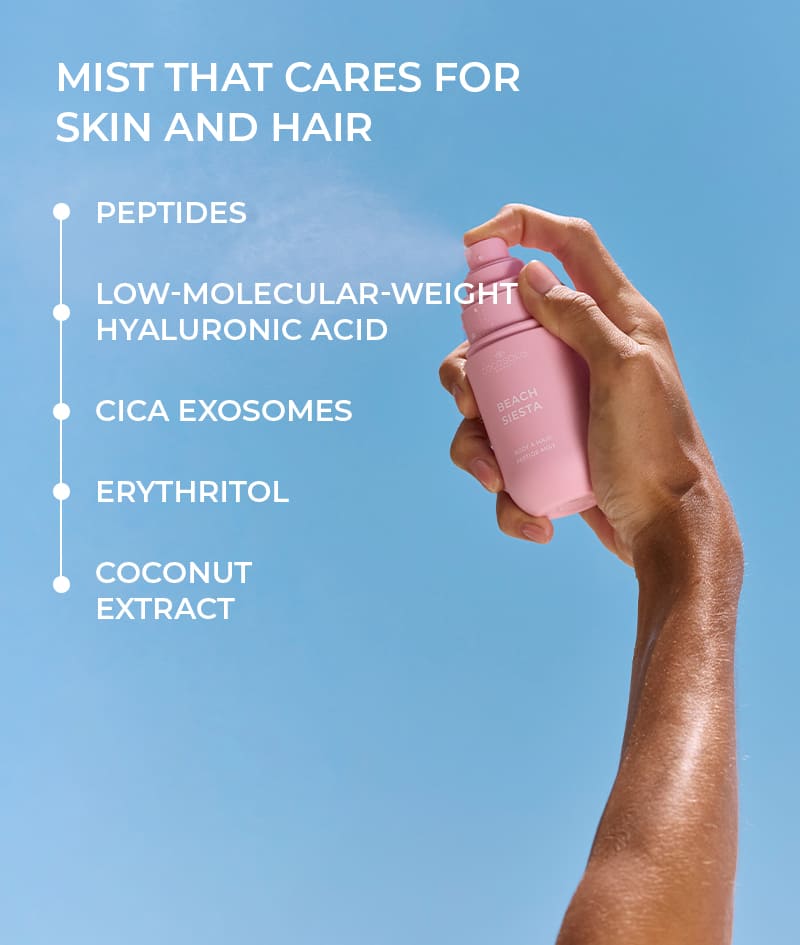 BEACH SIESTA Body & Hair Peptide Mist: Hydrating peptide mist for body and hair. Feels like juicy peach and coconut water in the afternoon heat.