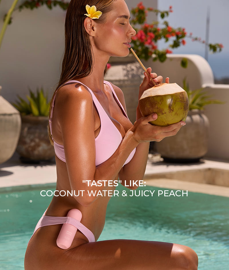 BEACH SIESTA Body & Hair Peptide Mist: Hydrating peptide mist for body and hair. Feels like juicy peach and coconut water in the afternoon heat.