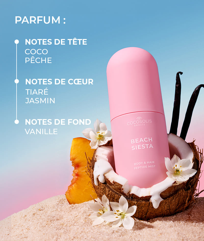 BEACH SIESTA Body & Hair Peptide Mist: Brume hydratante aux peptides pour le corps et les cheveux. Elle apporte la sensation de pêche juteuse et d'eau de coco dans la chaleur de l'après-midi.