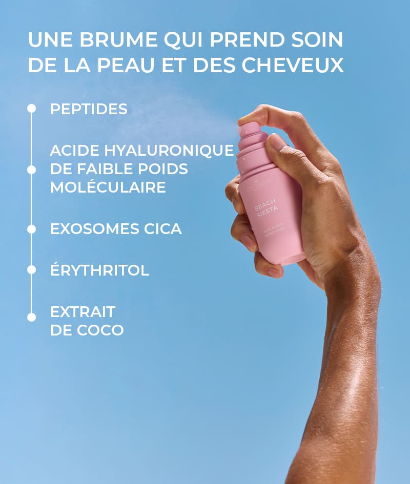 BEACH SIESTA Body & Hair Peptide Mist: Brume hydratante aux peptides pour le corps et les cheveux. Elle apporte la sensation de pêche juteuse et d'eau de coco dans la chaleur de l'après-midi.