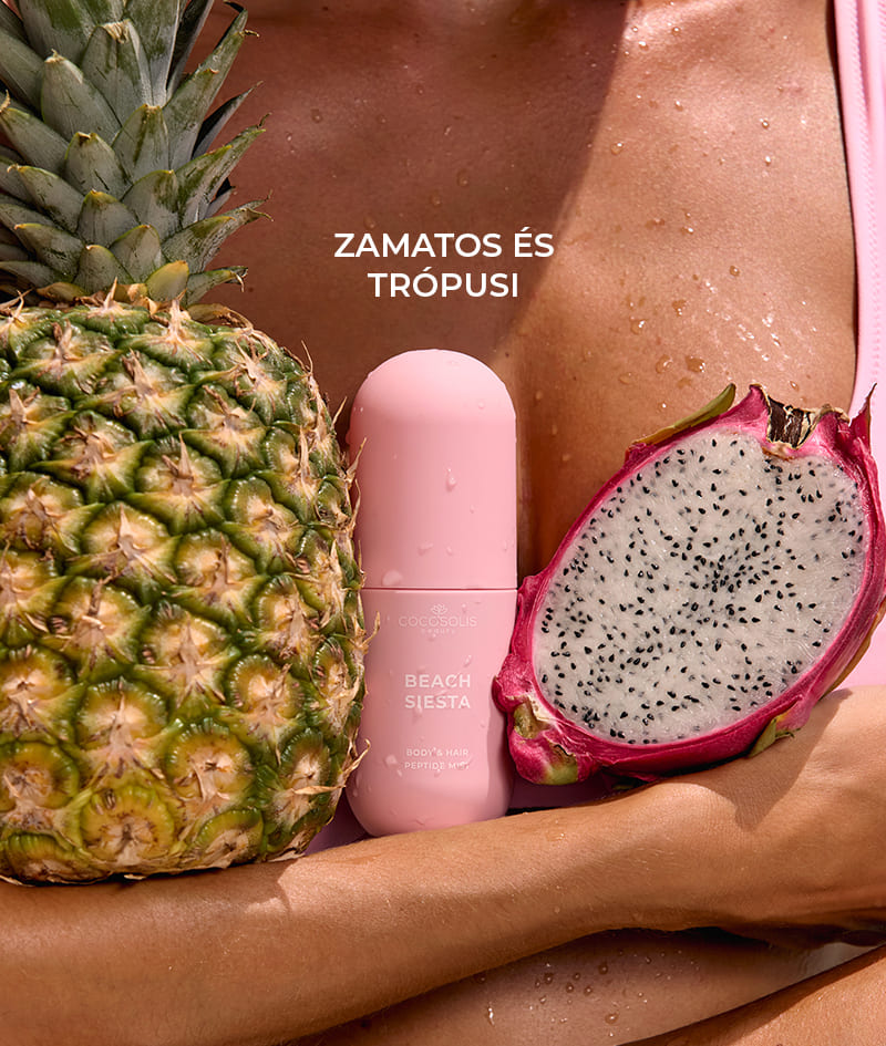 BEACH SIESTA Body & Hair Peptide Mist: Hidratáló peptidpermet testre és hajra. Zamatos őszibarack és kókuszvíz érzését hozza a délutáni hőségben.