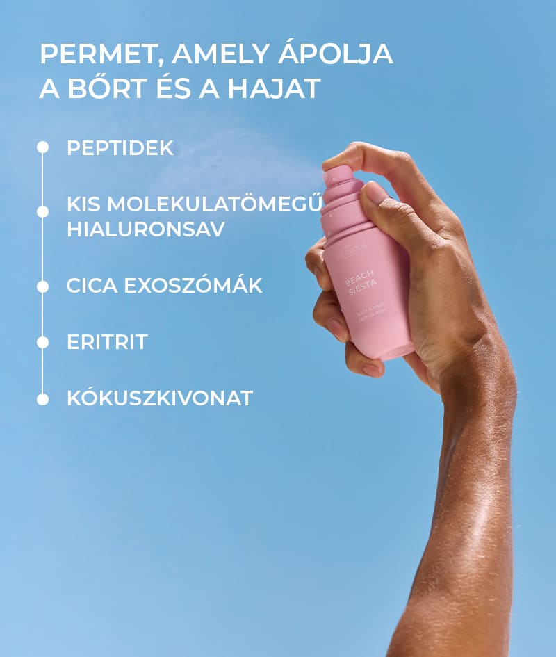 BEACH SIESTA Body & Hair Peptide Mist: Hidratáló peptidpermet testre és hajra. Zamatos őszibarack és kókuszvíz érzését hozza a délutáni hőségben.