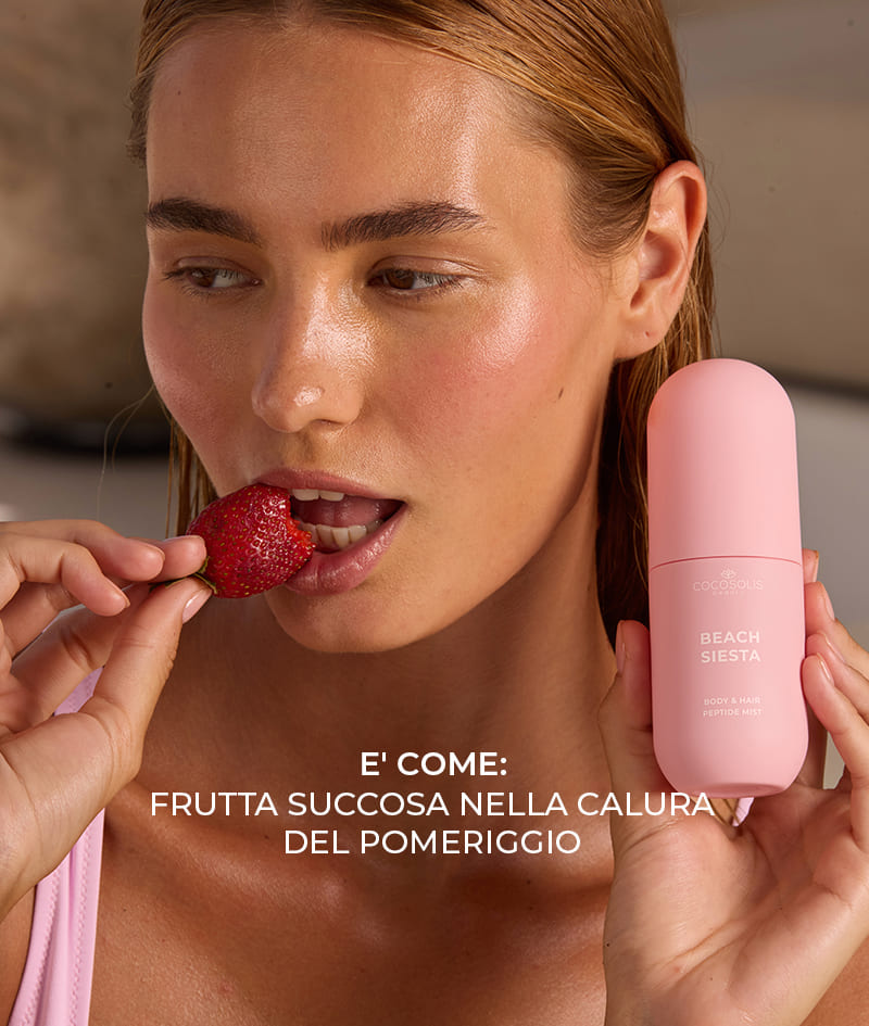 BEACH SIESTA Body & Hair Peptide Mist: Mist idratante con peptidi per corpo e capelli. Regala la sensazione di pesca succosa e acqua di cocco nella calura del pomeriggio.