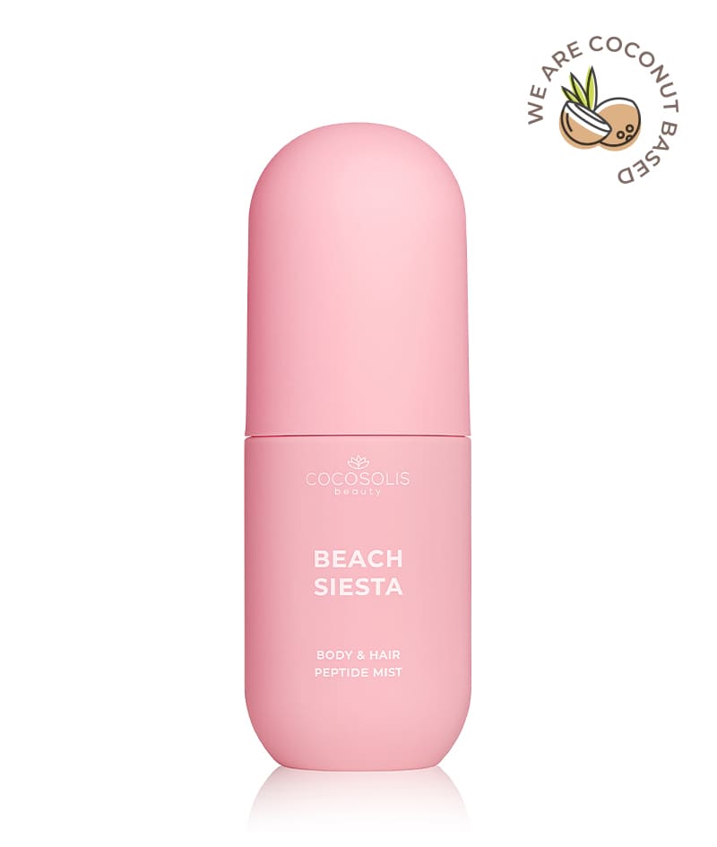 BEACH SIESTA Body & Hair Peptide Mist: Mist hidratant cu peptide pentru corp și păr. Îți dă senzația de piersică zemoasă și apă de cocos în arșița după-amiezii.