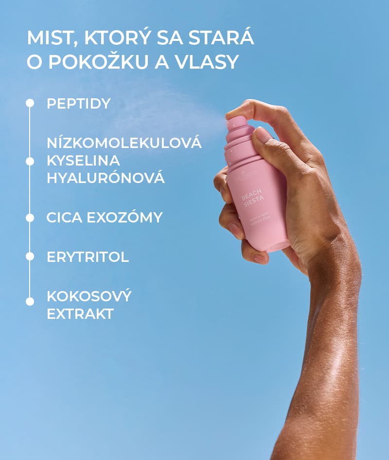 BEACH SIESTA Body & Hair Peptide Mist: Hydratačný mist s peptidmi na telo aj vlasy. Prináša pocit šťavnatej broskyne a kokosovej vody v popoludňajšej horúčave.