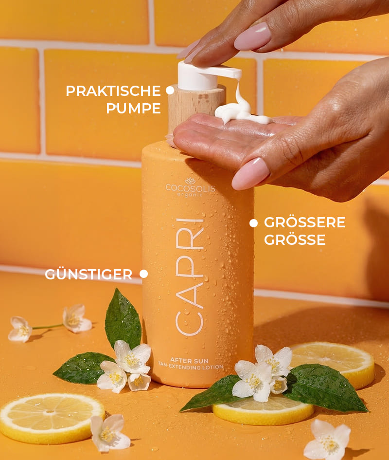 CAPRI After Sun Tan-Extending Lotion: Bräunungsverlängernde After-Sun-Lotion mit TOSOLIN™. Erfrischt, beruhigt und hydratisiert die Haut. Bewahrt die Bräune bei täglicher Anwendung um bis zu 3 Monate.