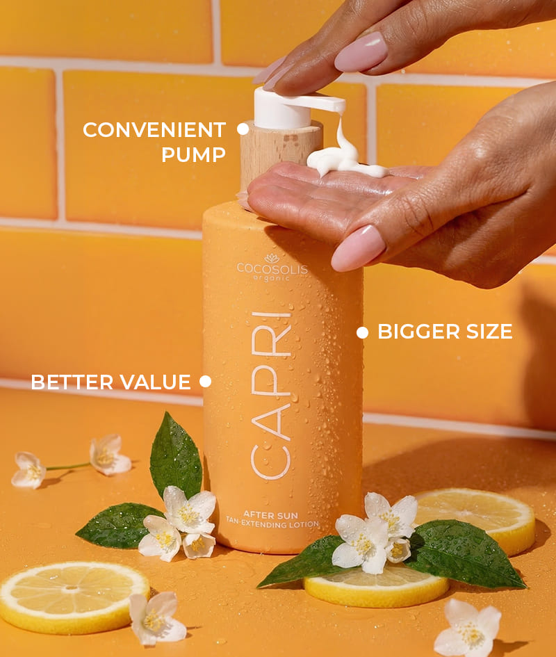 CAPRI After Sun Tan-Extending Lotion: After sun tan-extending lotion with TOSOLIN™. Refreshes, soothes, and hydrates the skin. Prolongs the tan for up to 3 months if applied daily.