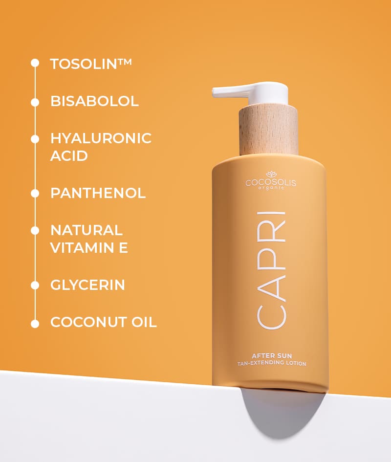 CAPRI After Sun Tan-Extending Lotion: After sun tan-extending lotion with TOSOLIN™. Refreshes, soothes, and hydrates the skin. Prolongs the tan for up to 3 months if applied daily.