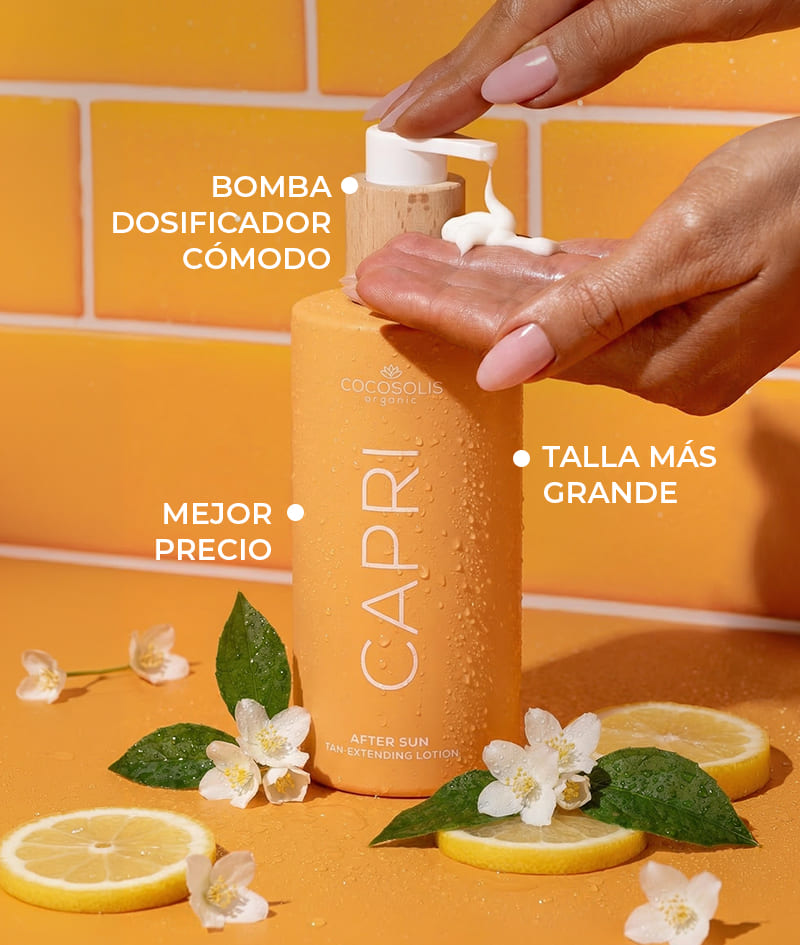 CAPRI After Sun Tan-Extending Lotion: Loción postsolar prolongadora del bronceado con TOSOLIN™. Refresca, calma e hidrata la piel. Mantiene el bronceado hasta 3 meses con el uso diario.