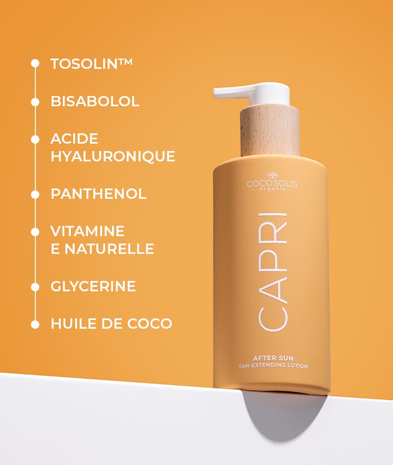 CAPRI After Sun Tan-Extending Lotion: Lotion après-soleil prolongateur de bronzage au TOSOLIN™. Restaure et hydrate. Rafraîchit, apaise et hydrate la peau. Prolonge le bronzage jusqu'à 3 mois avec une application quotidienne.