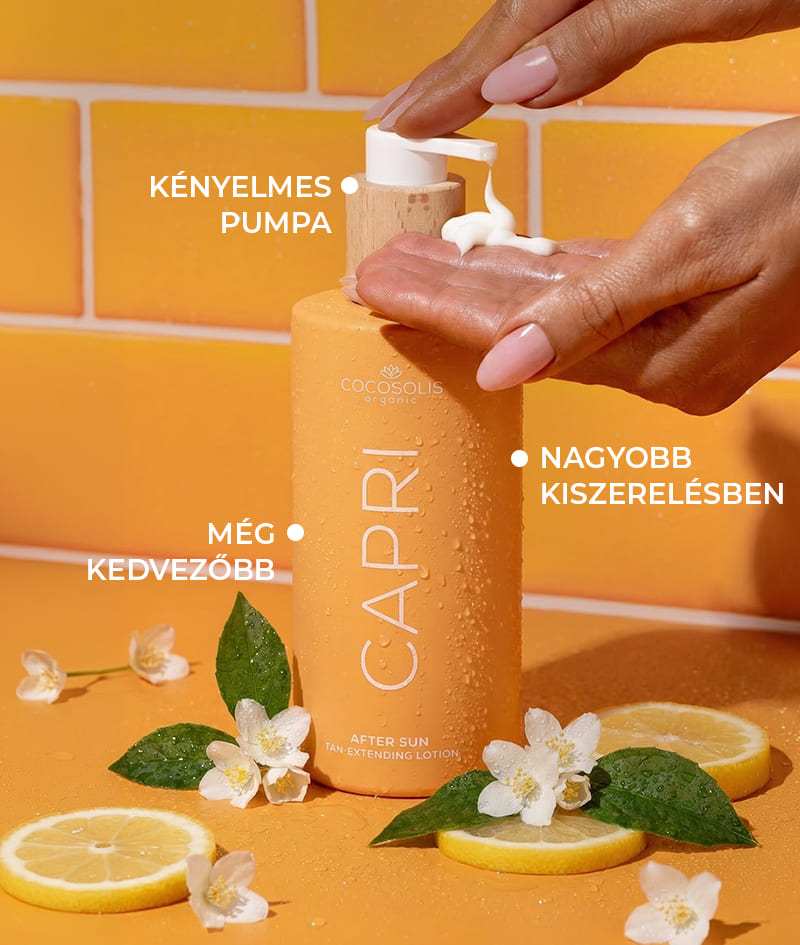 CAPRI After Sun Tan-Extending Lotion: Barnulást meghosszabbító napozás utáni testápoló TOSOLIN™-nal. Felfrissíti, nyugtatja és hidratálja a bőrt. Napi használat mellett akár 3 hónapig is megőrzi a barnulást.