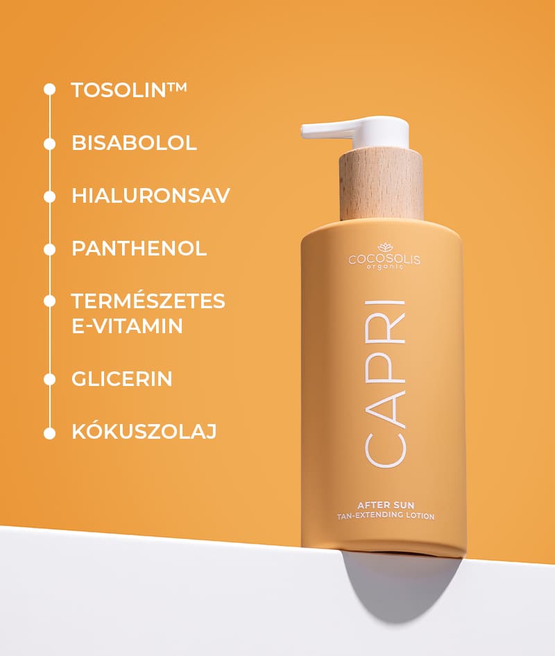 CAPRI After Sun Tan-Extending Lotion: Barnulást meghosszabbító napozás utáni testápoló TOSOLIN™-nal. Felfrissíti, nyugtatja és hidratálja a bőrt. Napi használat mellett akár 3 hónapig is megőrzi a barnulást.